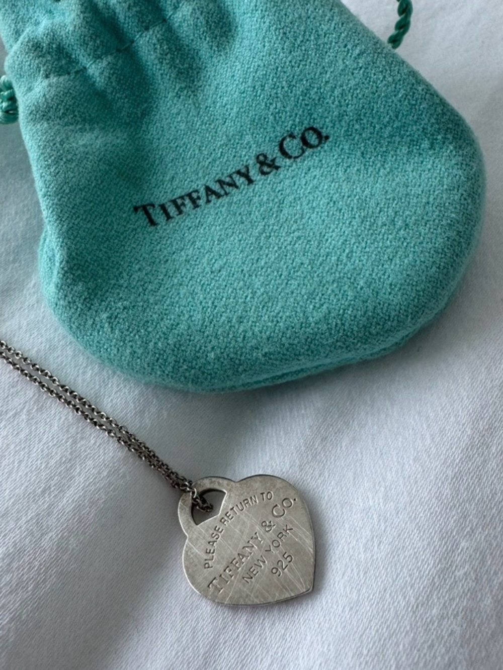 Tiffany & Co. Silver Heart Tag Necklace with Signature Blue Pouch